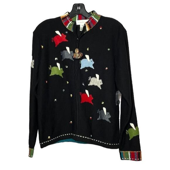 Susan Bristol Sweaters - Vintage Susan Bristol Flying Pigs Embroidered Zip Cardigan Jacket Size Small